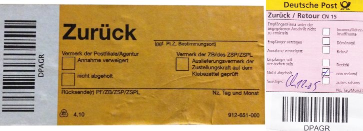 deutsche post zurück aufkleber nicht abgeholt